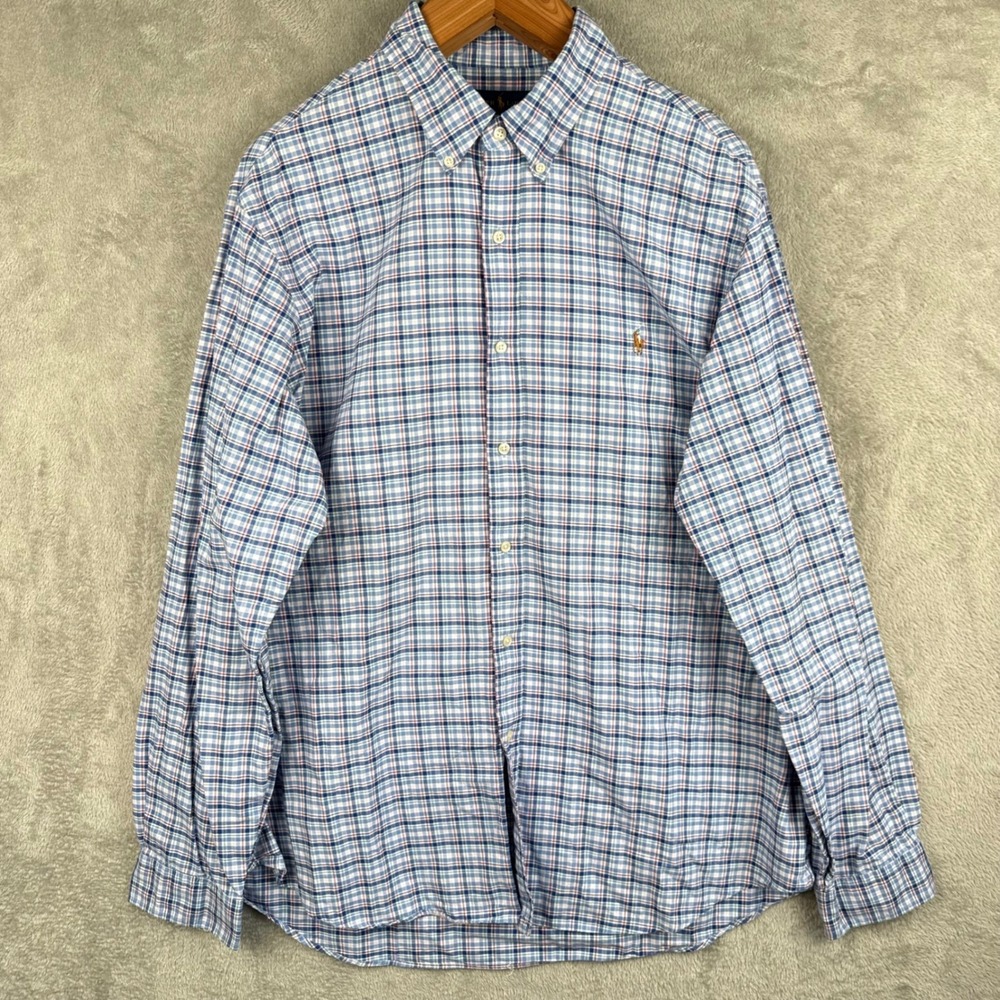 Ralph Lauren Button Down Shirt Mens XXL Blue Plaid Flesh Pony Colorful Career